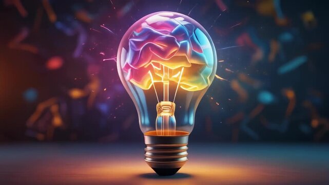 Concept of a lightbulb containing a vibrant, colorful brain, representing innovative ideas and thought leadership, sparking with energy.
