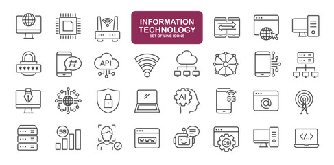 Set of line icons related to information technology. Outline icons collection
