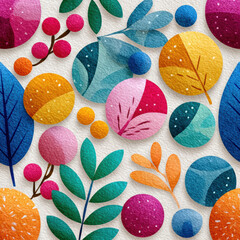 Colorful leaf and berry pattern with watercolor texture, featuring vibrant blue, green, pink, orange, and yellow hues creating cheerful and artistic botanical design