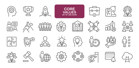 Set of line icons related to core values. Outline icons collection