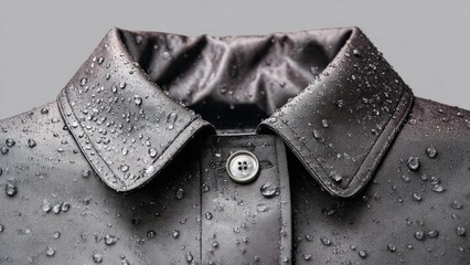 Close-up of a dark shirt collar covered in water droplets, with a single button in the center. Concept Close-up fashion detail, Water droplets on fabric, Dark shirt collar macro