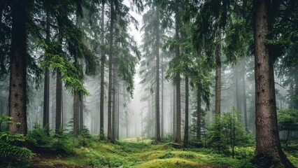 Obraz premium A misty pine forest with tall trees and a lush green mossy floor. Concept Misty Pine Forest, Tall Pine Trees, Lush Moss Floor, Misty Atmosphere, Serene Nature Photography