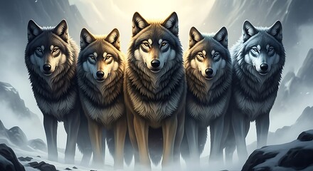 A majestic pack of five wolves stands together in a snowy landscape, their fur detailed and eyes focused, creating a powerful and united presence in nature