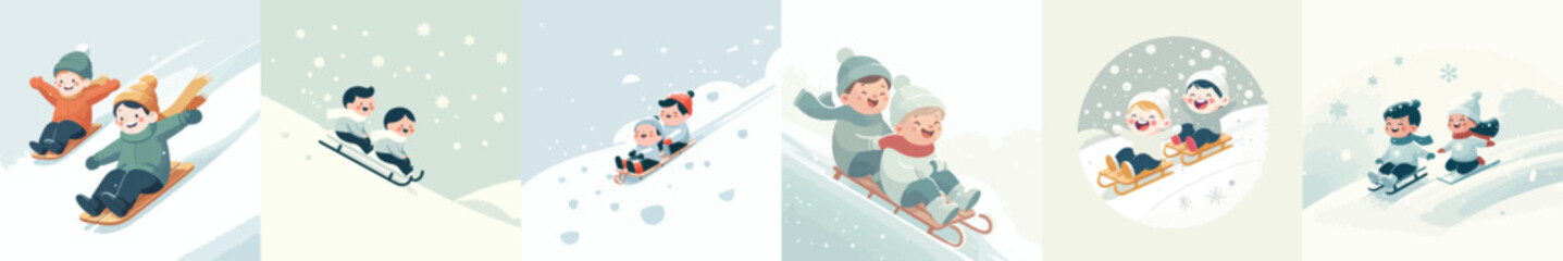 two children sliding on the snow with small sleds. Vektor, design, minimalist, illustrations, set icon