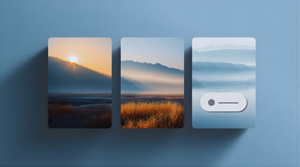Three cards with landscape images and a user interface element on blue