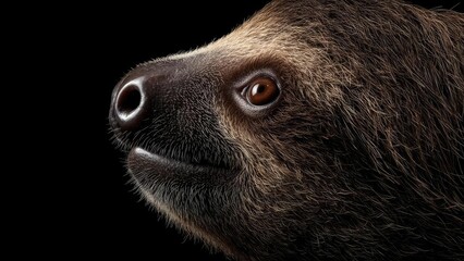 Obraz premium Close-up of a sloth's face against a black background. Concept Sloth close-up, Black background, Intimate wildlife portrait, Soft lighting, Textured fur