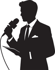 Silhouette of a man in a suit speaking into a microphone holding a paper