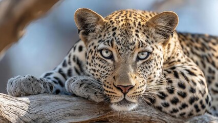Obraz premium Leopard lying on a log with paws resting on the wood, gazing directly at the camera. Concept Leopard Wildlife Portrait, Leopard on Log, Forest Setting, Direct Gaze, Natural Lighting