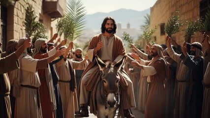 Man on donkey with crowd cheering him into town. Palm Sunday celebration with people welcoming messiah. Biblical scene.