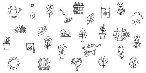 Whimsical Outdoor Gardening  hand drawing Sketch Set Featuring Plants, Pots, Tools, and Floral Line Art”