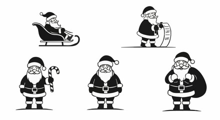Fototapeta premium Set of five black and white illustrations of Santa Claus in different poses and with various festive items, perfect for holiday designs