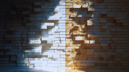 Sunlight and shadow play on a textured brick wall, creating a dynamic pattern