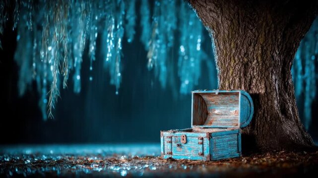 A weathered, blue treasure chest rests at the base of a tree, under a weeping willow