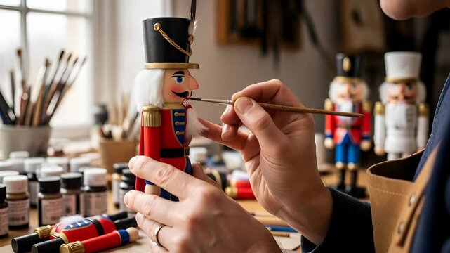 Man hand painting detail on a nutcracker toy, crafting traditional Christmas decoration for holiday home decor.