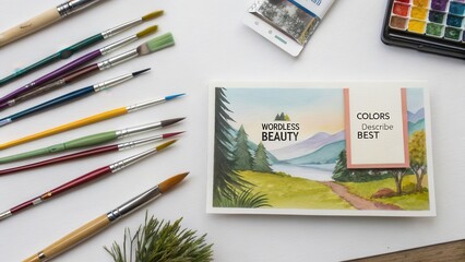 Obraz premium Watercolor brushes placed beside a printed landscape artwork