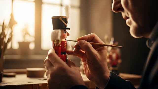 Man hand painting detail on decorative nutcracker. Traditional Christmas toy crafting, holiday decoration, and festive art.