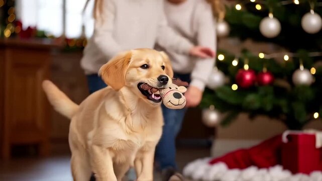 Golden Labrador Retriever puppy proudly holding plush reindeer head toy in mouth while two excited children reach and laugh playing tug-of-war game on carpet in front of glowing decorated Christmas tr