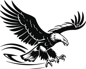 Eagle swooping downward, dynamic motion lines, minimalist vector outline on white background