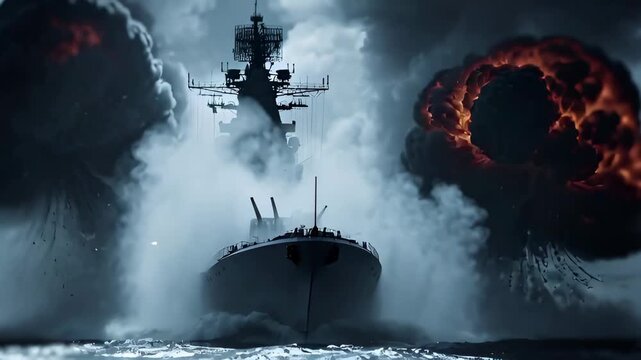 Military battleship firing weapon with large explosion and smoke on ocean during warfare event for battle concept