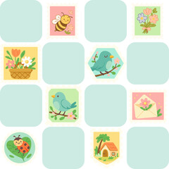 A cute spring-themed pattern with pastel postage stamps featuring birds, flowers, a bee, a cottage, and letters arranged in a playful grid with soft mint squares