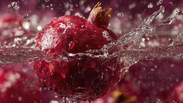A red pomegranate captured mid-splash in water. Concept Pomegranate Splash Photography, Red Fruit Water Splash, Juicy Drops Close-Up, Vibrant Fruit Portrait, Macro Food Photography