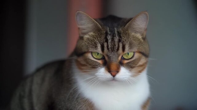 Close-up of a tabby cat with green eyes looking directly at the camera, showing a stern and grumpy expression, indoor background.
