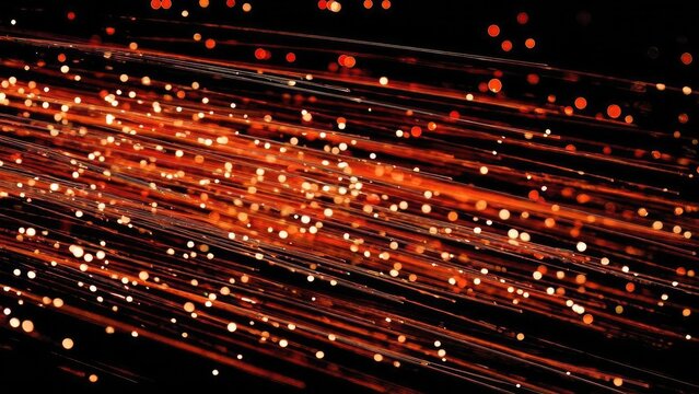 Red fiber-optic light trails with glowing orbs across a dark background. Concept Night Photography, Light Trails, Fiber Optic Art, Glowing Orbs, Long Exposure