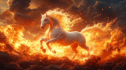Fire horse running in the burning clouds - ai generative