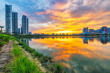 Cau Giay Park Lake Sunset, Hanoi Skyline Reflection