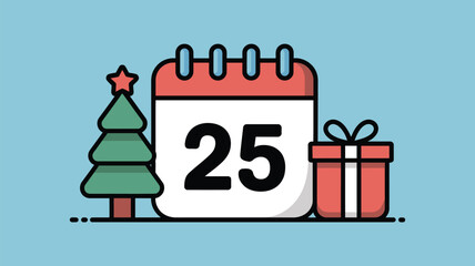 A christmas themed illustration featuring a calendar set to the twenty fifth with a tree and gift