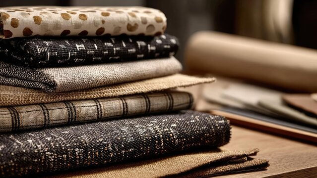 Stack of folded fabric swatches in neutral tones with various textures, including tweed and plaid patterns. Concept Fabric swatches, Neutral tones, Textures, Tweed, Plaid