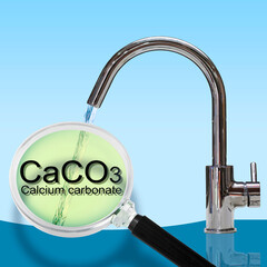 CALCIUM CARBONATE IN DRINKING WATER - Drinking potable water that contains CaCO3 at normal concentrations is safe - Concept with faucet and magnifying glass