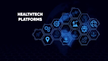 Healthtech Platforms Hexagon Network with Icons and World Map healthcare technology - Powered by Adobe