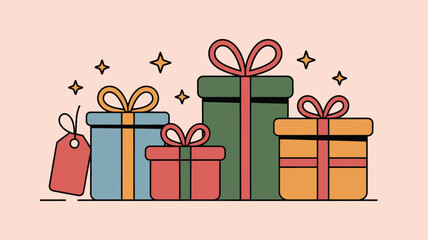 A collection of colorful gift boxes with ribbons and a tag on a light pink background with stars