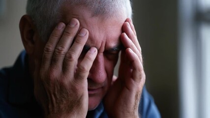 Senior man covering face with hands, feeling sadness, grief, anxiety, frustration, or experiencing headache and mental health issues