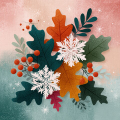 Autumn leaves and white snowflakes with red berries create festive seasonal arrangement on soft textured background blending warm and cool tones