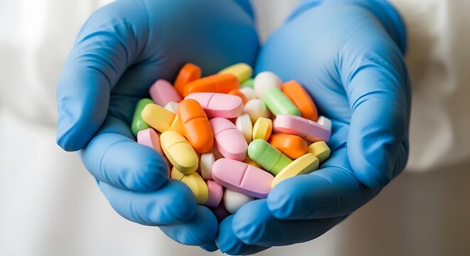A pair of gloved hands holding a variety of colorful pills and capsules, showcasing medical treatment and pharmaceutical products for health and wellness