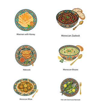 Six traditional Maghrebi foods - Msemen Zaalouk Makouda Bissara Rfissa snd Chermoula