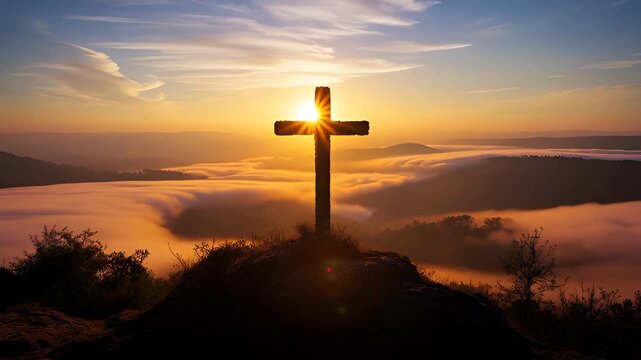Silhouette of a Christian cross on a mountain with sun rays and fog. Religious Christian symbol on hill at sunrise or sunset.