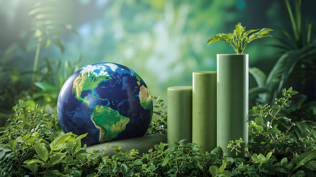 Eco earth globe with green growth bars surrounded by lush plants
