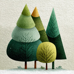 Watercolor illustration of stylized trees with layered textures and soft colors, evoking calm and gentle forest scene with wintery touch