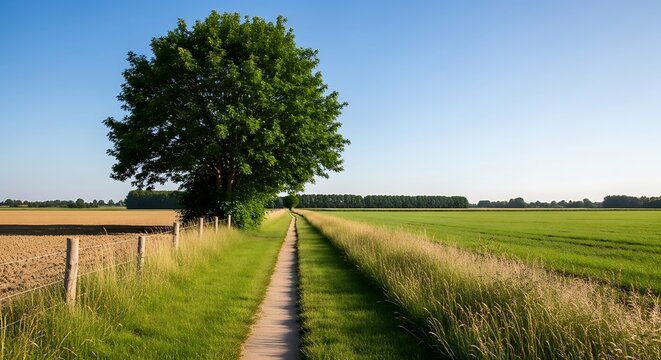 A solitary tree stands tall beside a path leading through lush green fields under a clear blue sky. - Powered by Adobe