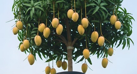 Mango tree laden with ripe fruit hanging from branches against a clear sky backdrop