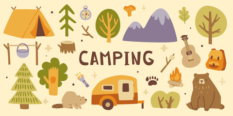 Camping doodle set. Forest expedition collection for kids. Cartoon camping bundle.