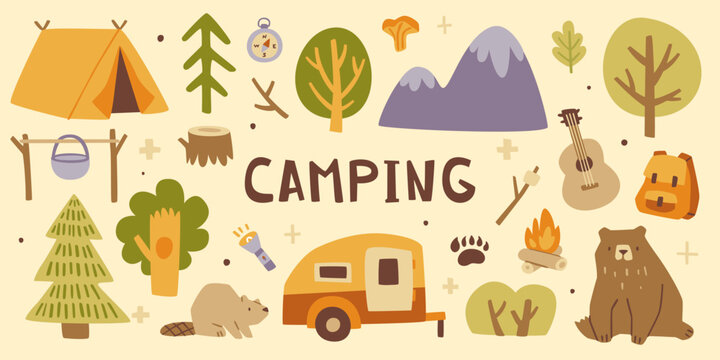 Camping doodle set. Forest expedition collection for kids. Cartoon camping bundle.