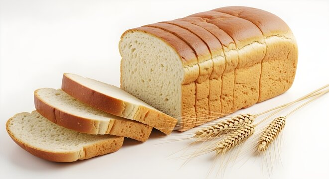 Sliced loaf of white bread with wheat stalks on a clean white background view - Powered by Adobe