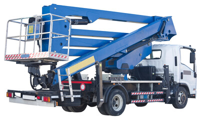 Aerial mechanical platform with protective basket for working at heights - concept isolated on...