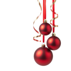 red hanging christmas balls decoration with gift ribbon band isolated on white or transparent png