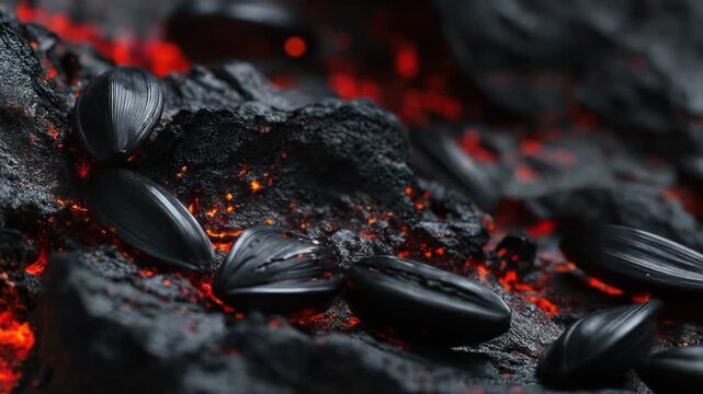 Close-up of black seeds on a textured, dark surface with glowing red accents, suggesting warmth