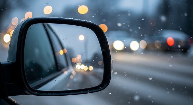 A cars side mirror reflecting a snowy road with blurred headlights, capturing the essence of winter driving and the challenges of inclement weather